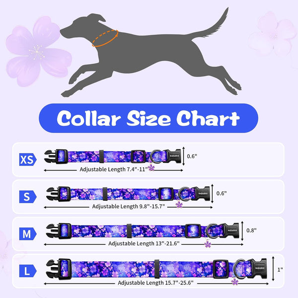 Kazazoo Dog Collar Cute and Soft Nylon Puppy Collar Girl Dogs, Adjustable Purple Dog Collars for Medium Dogs, Purple Flowers-M7