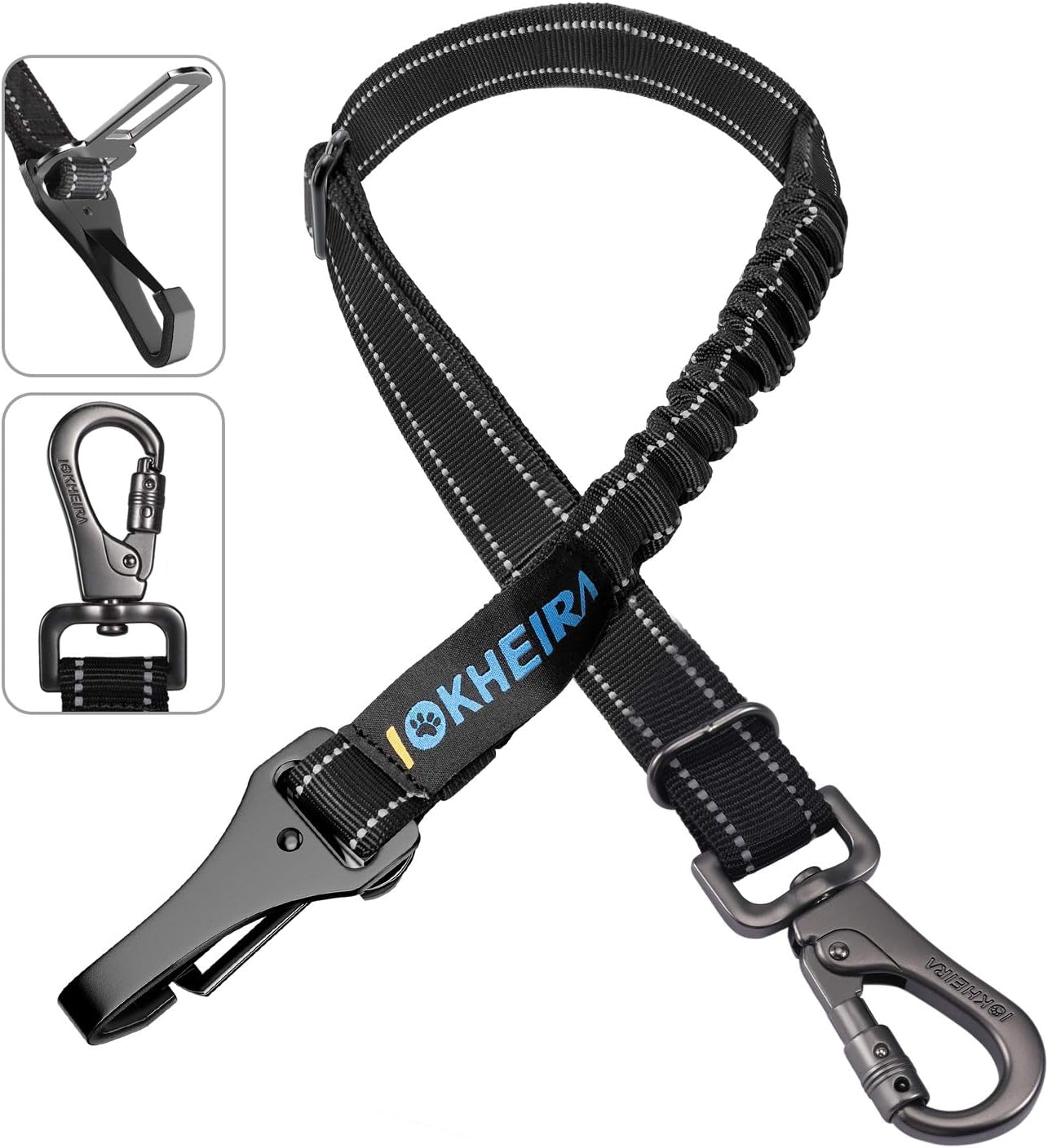 dog-seat-belt-3-in-1-car-harness-for-dogs-adjustable-safety-seatbelt-for-car-nylon-reflective-bungee-fabric-dog-car-harness-with-clip-hook-latch-buckle-swivel-zinc-alloy-carabiner-black