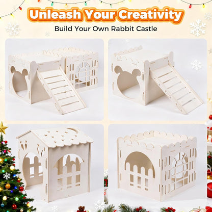 Large Rabbit House, Wooden Bunny Castle with 3 Houses Indoor, Rabbit Guinea Pig Cage Multistory Climbing Tower Sturdy Wooden Castle, Small Animal Hideaway Tunnel6