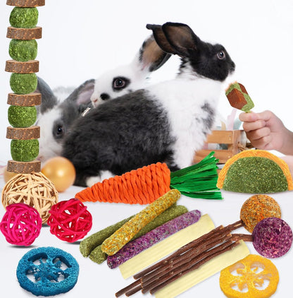 YIXUND Rabbit & Guinea Pig Toys - Natural Timothy Hay & Apple Wood Sticks for Teeth Care - Handmade for Hamster, Bunny, Chinchilla (27 Pcs)3
