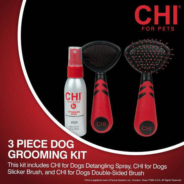 CHI for Dogs Small Dog Detangling Kit, 3-Piece Grooming Set with Detangling Spray, Slicker Brush, and Double-Sided Pin-And-Bristle Brush for Small Breeds with Tangles and Mats, Includes Zipper Pouch2