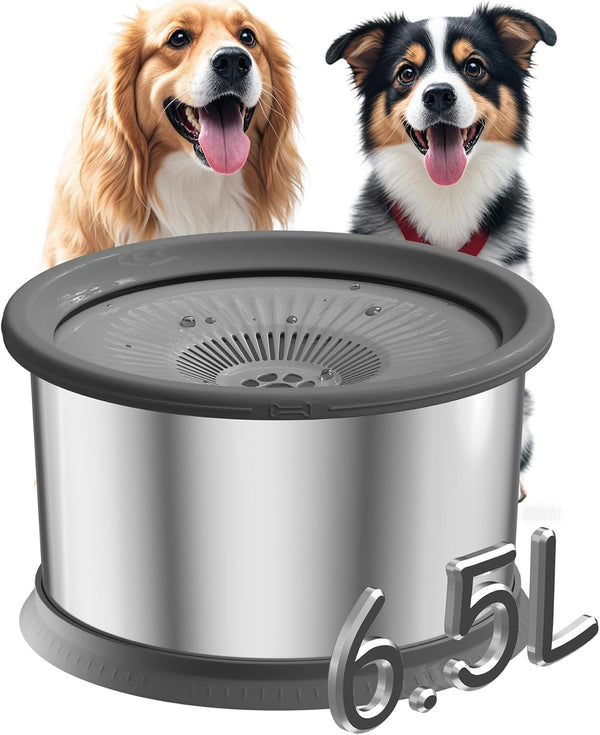 6.5L Dog Water Bowl No Spill 1.6 Gallon Stainless Steel Water Bowl for Dogs 220Oz Large Capacity No Splash Slow Drinking Feeder with Anti-Slip Mat for Messy Drinkers 6.5L+2 Filters1