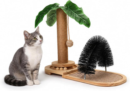 16.5” Tall Sisal Cat Scratching Post with Self Groomer | Interactive Sisal Hanging Ball,Fun Wooden Rolling Balls for Small Cats to Play Indoors,Natural Sisal Cat Scratch Posts1