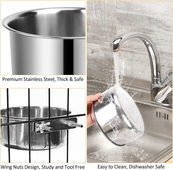 Dog Crate Water Bowl, 2 Pcs Stainless Steel Large Dog Bowls 40Oz & 60Oz, Durable Anti-Spill Pet Metal Bowls for Cage Kennel Crate, Hanging Water/Food Bowl for Medium & Large Dogs4