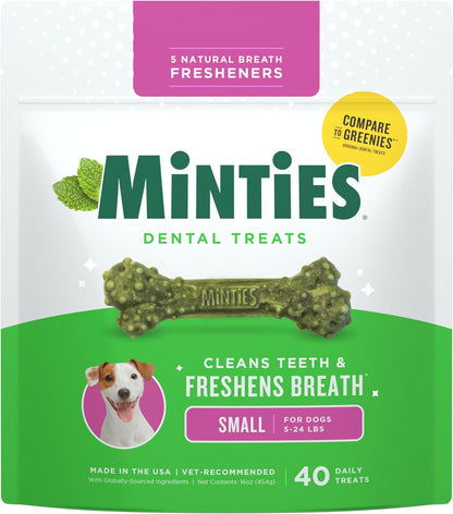Minties Dog Dental Bone Treats, Tiny/Small Dental Dog Treats, 16 Ounces, Cleans Teeth, Fight Bad Breath, Removes Plaque and Tartar, 40 Count1