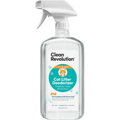 Clean Revolution Cat Litter Deodorizer Spray – 18Oz, Probiotic Odor Elimination with Dustlock™, Fragrance-Free, Extends Litter Life, Non-Toxic, Safe for All Cats, Made in USA1