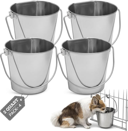 Flat Side Stainless Steel Bucket 2 Quart Hanging Feeding Utility Pail for Small Dog Cat Birds, Fits Kennel Cage Compatible, Heavy Duty Food & Water Feeder, 0.5 Gallon Silver Bucket 4 Pack1