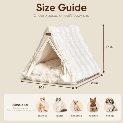 FUKUMARU Cat Cave Bed, Sturdy Frame Washable Cat Tent Bed with Curtain | Semi-Enclosed Cat Hideaway for Anxious Cats, Large Cozy Cat House for Indoor Cats, Soft Plush Covered Dog Bed, Cream6