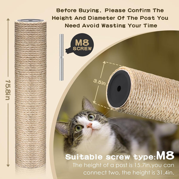 6 Pack Cat Scratching Post Replacement, White Hemp Rope Refill Scratching Post Cat Tree DIY Spare Cat Scratcher Large Cat Tower Refurbishment for Indoor Cats with M8 Screws, 3.5 X 15.8 Inches2