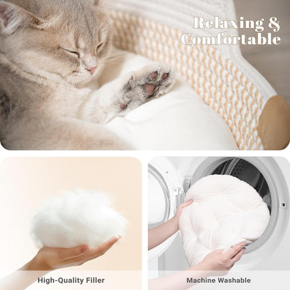CHEERHOME PETS Cat Bed Basket with Cushion, Cotton Rope Woven Pet Bed for Indoor Cats Couch, Stimulicat Cat Bed Handwoven Breathable, All Season Universal (White)3