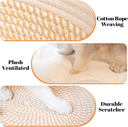 CHEERHOME PETS Cat Bed Basket with Cushion, Cotton Rope Woven Pet Bed for Indoor Cats Couch, Stimulicat Cat Bed Handwoven Breathable, All Season Universal (White)4