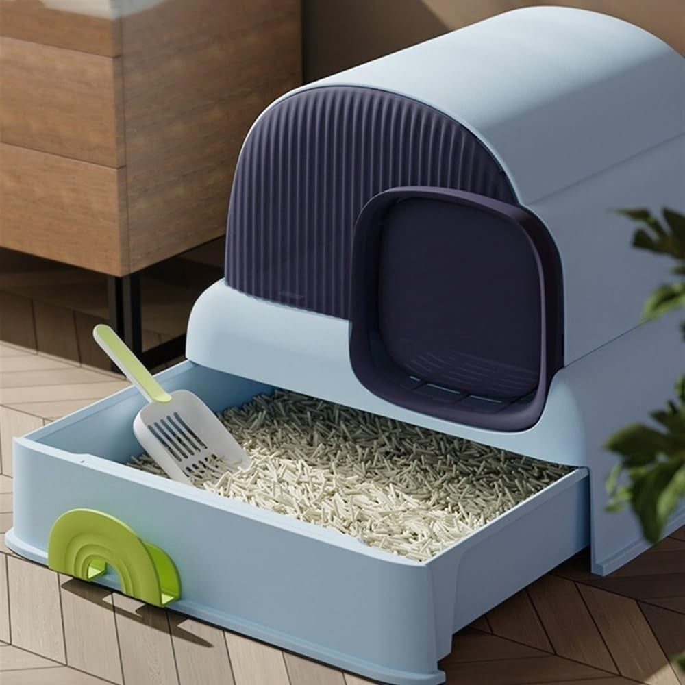 pet-supplies-enclosed-cat-litter-box-with-hood-drawer-anti-splash-easy-cleanblue