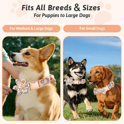 Dog Collar and Leash Set Girls Adjustable Puppy Collars with Floral Bow Tie for Small Medium Large Female Dogs, Orange Flower, S4