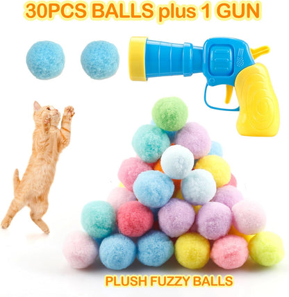 Meohui 31Pcs Cat Ball Toy Launcher Gun,Cat Balls Fetch Toy,30Pcs Plush Fuzzy Balls Launcher Cat Toy for Cats with 1 Gun,Funny Interactive Cat Toys for Bored Indoor Adult Cats,Cute Kitten Kitty Toys3