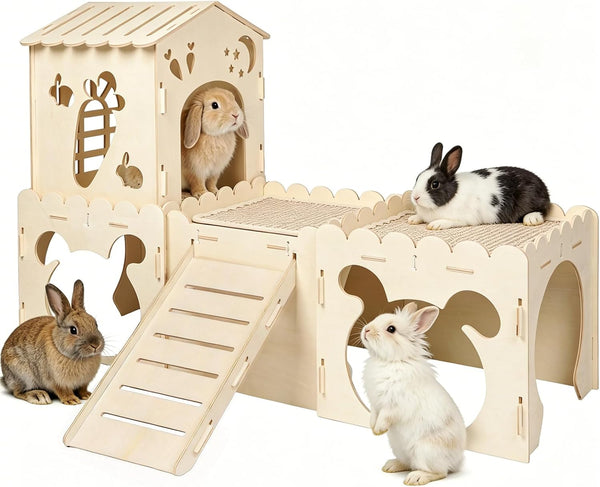 Large Rabbit House, Wooden Bunny Castle with 3 Houses Indoor, Rabbit Guinea Pig Cage Multistory Climbing Tower Sturdy Wooden Castle, Small Animal Hideaway Tunnel10