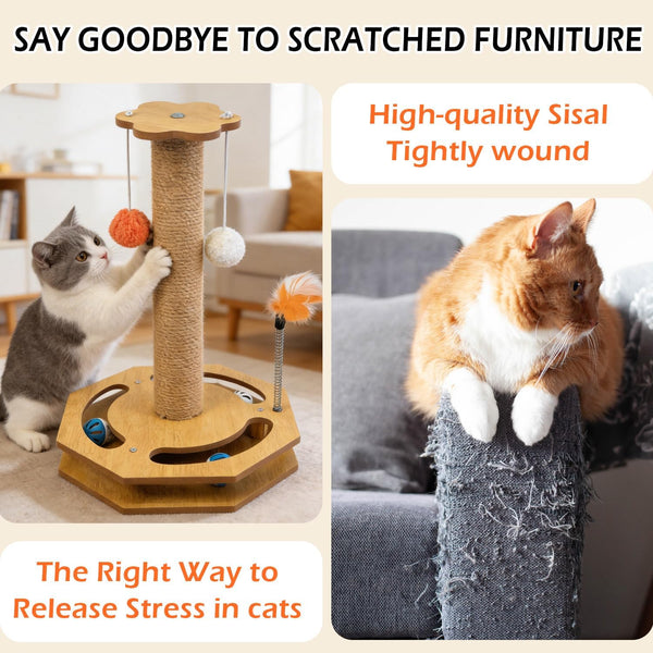 Cat Scratching Post with Vertical Scratcher and Tracking Interactive Toy for Kittens,4 in 1 Cat Scratcher Toy with Cat Ball Tracks,16.6" Tall with Interactive Feather4