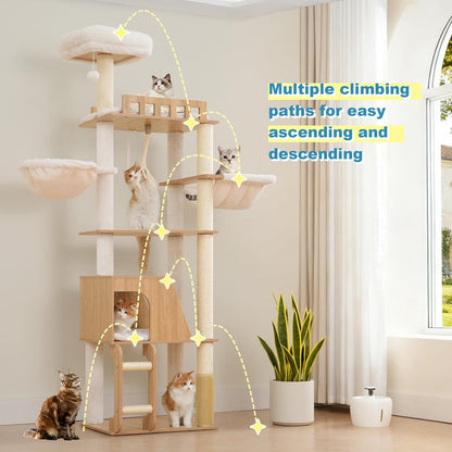 Hey-Brother Wooden Cat Tree, Furniture Tower with Large Platforms, MPJ121BT | 69.7 Inch, Modern Full Sisal Scratching Posts, Hammocks, Spacious Condo, Ladder, Brush, Water Proof Surface, White Oak9