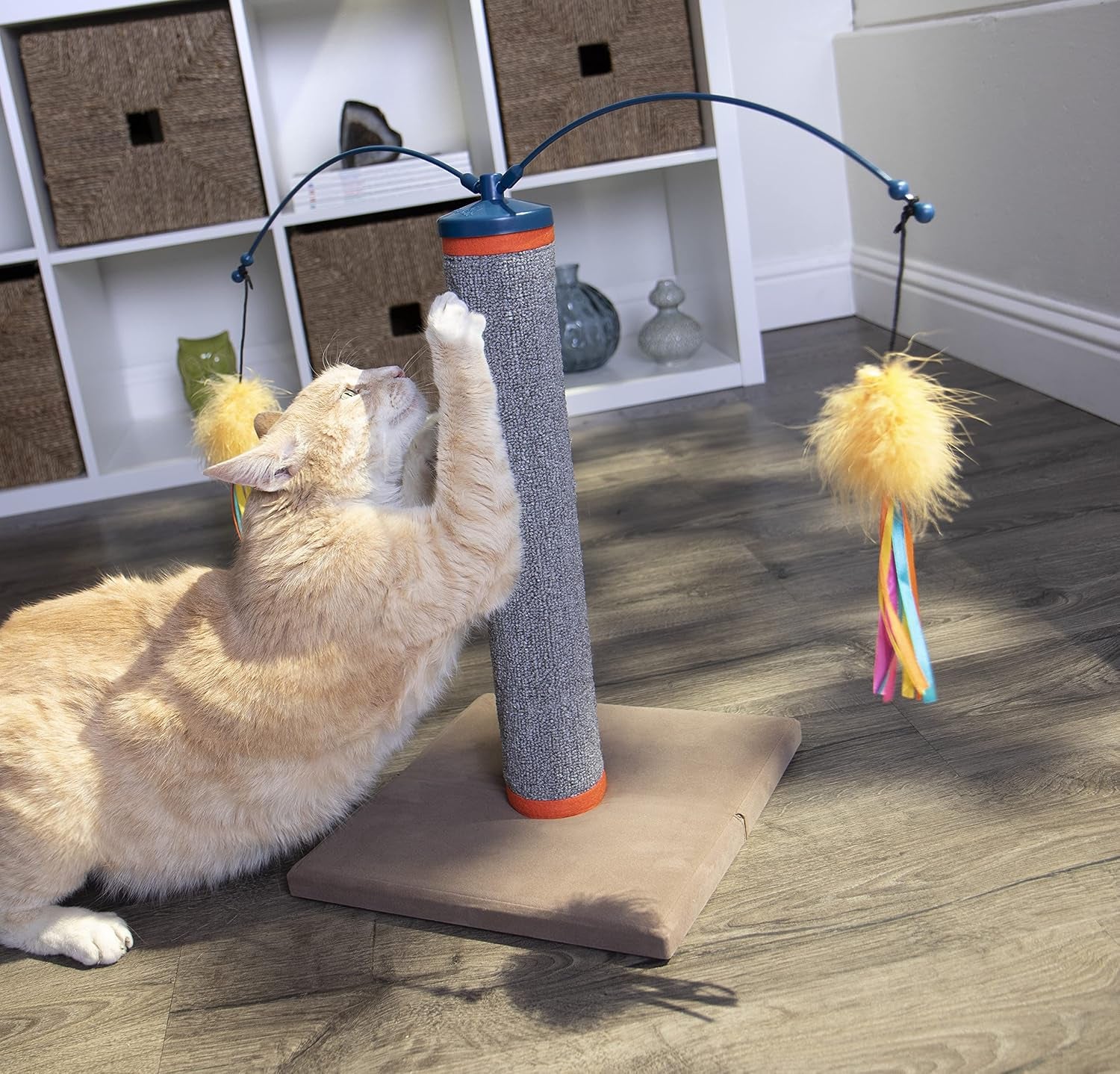 smartykat-scratch-n-spin-carpet-cat-scratching-post-with-2-spinning-wand-toys-plus-2-replacement-wands-gray-blue