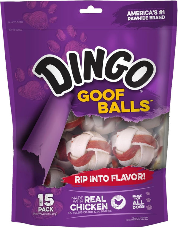 Dingo Goof Balls Rawhide Treats for Small Dogs, with Real Chicken, 15 Ct | Long-Lasting Rawhide Chew Wrapped with Real Chicken, Natural Chewing Action Promotes Clean Teeth, for Adult Dogs1