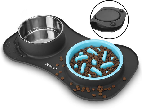 Anipaw Slow Feeder Dog Bowls 3 in 1 Stainless Steel Food and Water Bowls with Non-Spill and Skid Silicone Mat to Slow down Eating for Large Medium Small Breed Size Dogs and Cats | Durable, Non-Spill & Non-Skid with Silicone Mat Design, Slow down Eating, Suitable for Small Medium Large Dogs and Cats1