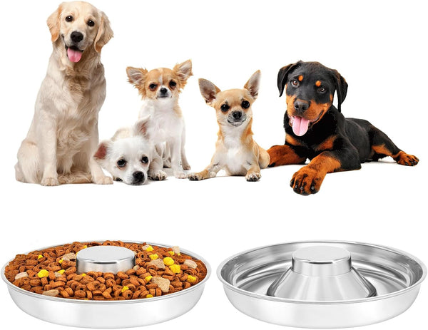 Stainless Steel Puppy Bowls 2 Pack, Pet Slow Feeder Bowls, Water Bowl, Feeding Weaning for Small Medium Large Dogs, Cat, Pets (2 Pack, Large：1.3” X 13.6”)1
