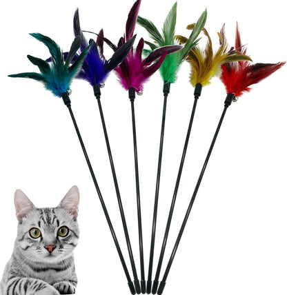 Cat Wand Toy Feather Stick Cat Toys, 6 Pieces Interactive Cat Toy Feathers Wand for Indoor Cats (A)1