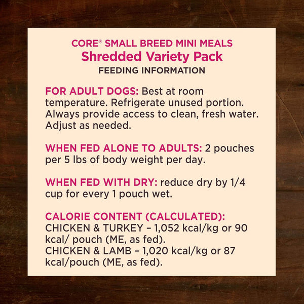 Wellness CORE Small Breed Mini Meals Shredded Variety Pack Adult Wet Dog Food, Grain Free, Natural, 3 Oz, Pack of 128