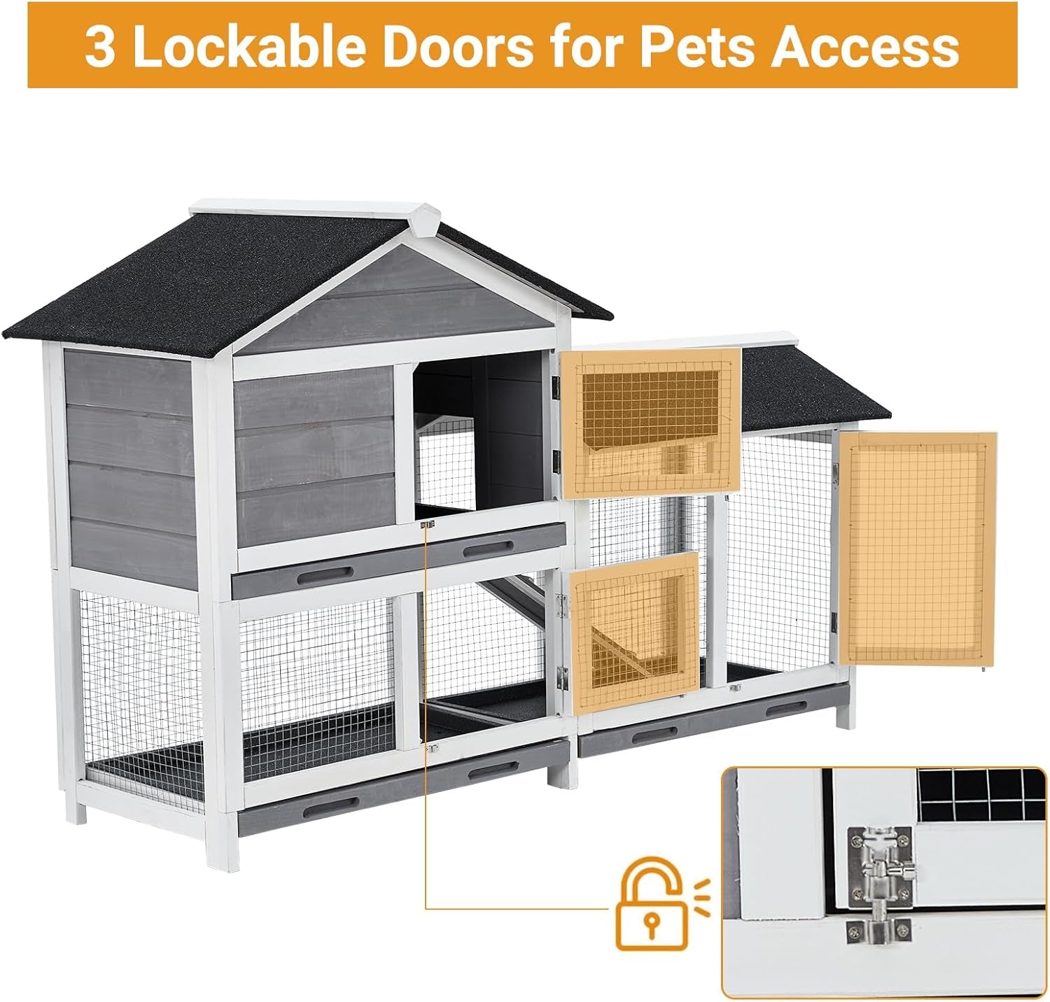 garvee-58-bunny-hutch-indoor-bunny-cage-with-3-removable-trays-wooden-waterproof-roof-rabbit-hutch-indoor-outdoor-2-tier-bunny-house-chicken-coop-gray-and-black