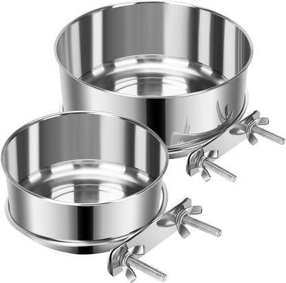 2 Pcs Small Pet Dog Food Water Bowl for Cage Stainless Steel Non-Spill Kennel Hanging Cats Pets Bowls with Clamp Holder Crate Feeder Dish for Small Dogs Pets (4.7X1.9'' & 3.9X1.7'')1