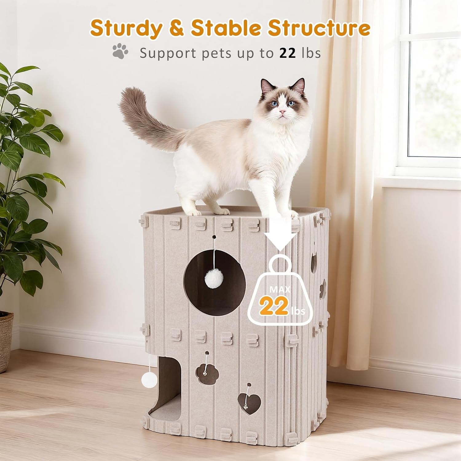 cat-house-for-indoor-cats-2-story-enclosed-cat-bed-cave-for-multiple-large-cats-felt-covered-pet-hideaway-tunnel-condo-house-kitty-hut-hideout-cube-scratch-resistant-beige