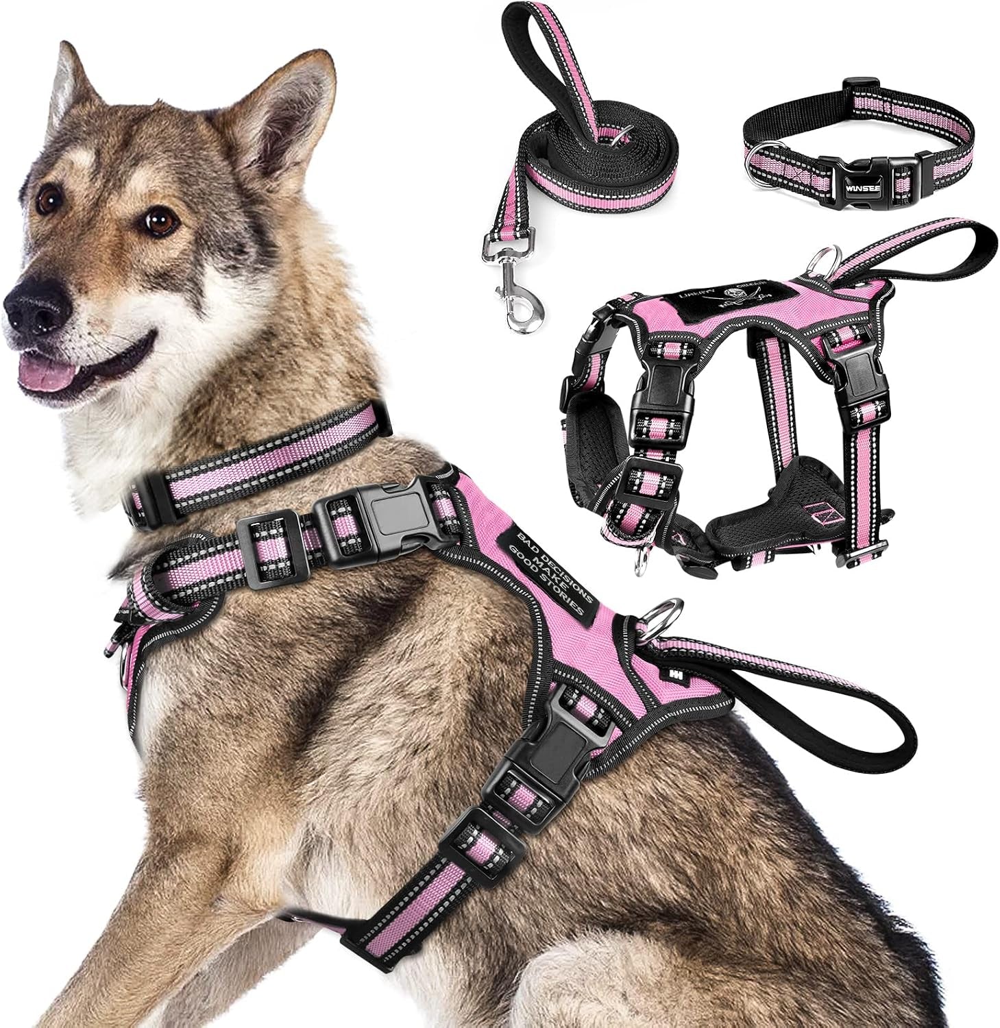 winsee-pet-harness-collar-and-leash-set-all-in-one-reflective-dog-harness-no-pull-with-adjustable-buckles-for-puppies-small-medium-large-and-extra-large-dogs-large-pink