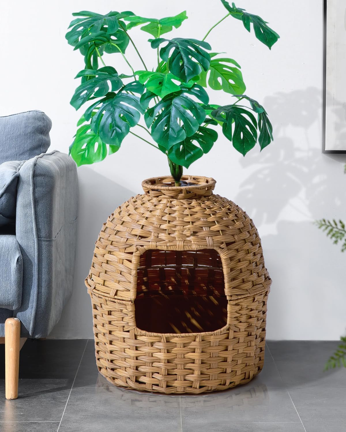 setvson-cat-litter-box-plant-furniture-enclosure-rattan-pe-house-natural-decorative-planter-design-removable-top-for-easy-cleaning-includes-artificial-plants-real-stones-20-x-20-inches