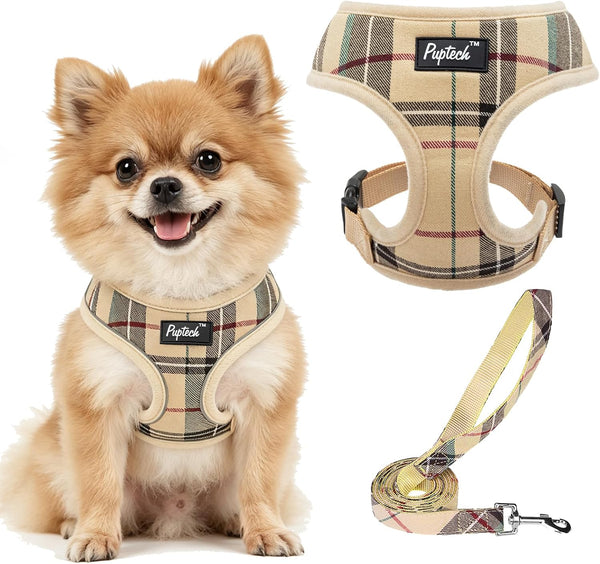 PUPTECK Soft Mesh Dog Harness Small Sized and Leash Set Pet Puppy Cat Comfort Padded Vest No Pull Harnesses, Beige, S1