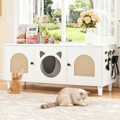 Anwick Cat Litter Box Enclosure Cabinet Furniture | Modern 2-In-1 Wooden Cat House Cabinet with Storage Hook and Scratch Board,White4