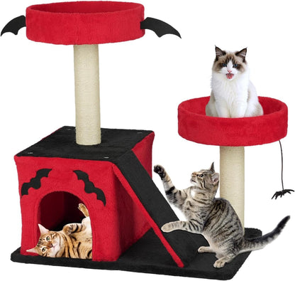 VINGLI 27.6In Gothic Cat Tree with Spacious Cat Condo & 2 Padded Perches, Red & Black Cat Tower with Scratching Ladder, Sisal Posts & Spider Toy for Large Cats1