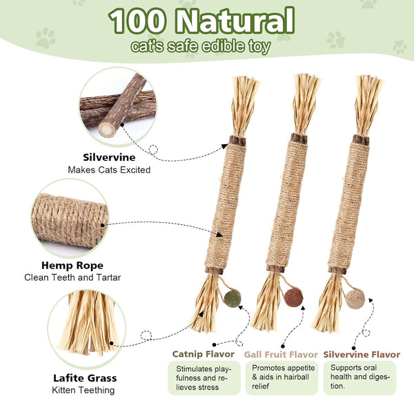 WOUSEDO 7 Pack Silvervine Sticks Cat Toy with Catnip & Matatabi Ball | Natural Chew Toys for Anxiety Relief & Dental Care, Teeth Cleaning Sticks for Indoor Cats & Kittens2