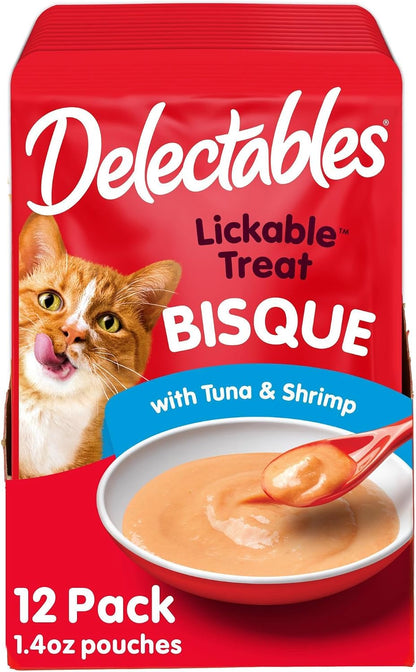 Delectables Lickable Treat Bisque Wet Cat Treat with Real Tuna & Salmon, Food Topper, Hydrating, Grain-Free, No Fillers, No By-Products, No Added Preservatives, 1.4Oz Pouch, 12Ct17