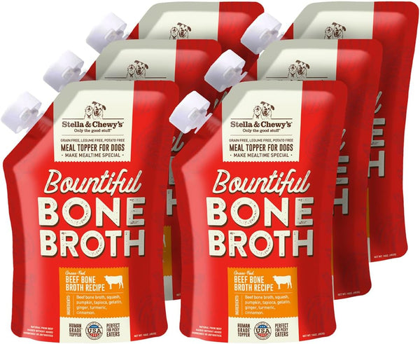 Stella & Chewy'S Human-Grade Grass-Fed Beef Bone Broth for Dogs - Joint & Gut Health Liquid Food Topper with Collagen & Turmeric, 16 Fl Oz Resealable Pouch (Pack of 6)1