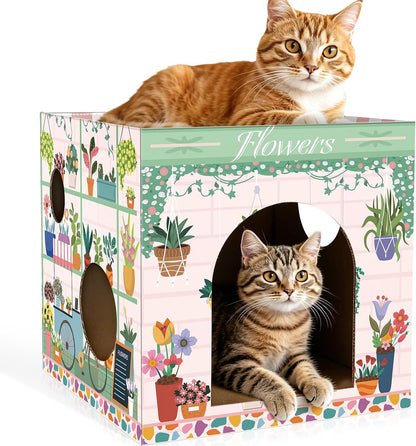 Cinrobiye Cardboard Cat House with Scratcher, Indoor Cat Condo Cat Cave Hideout with Scratch Pad, Cardboard Cat Playhouse Bed for Cats, Kittens, Rabbits & Small Pets (Mushroom)11