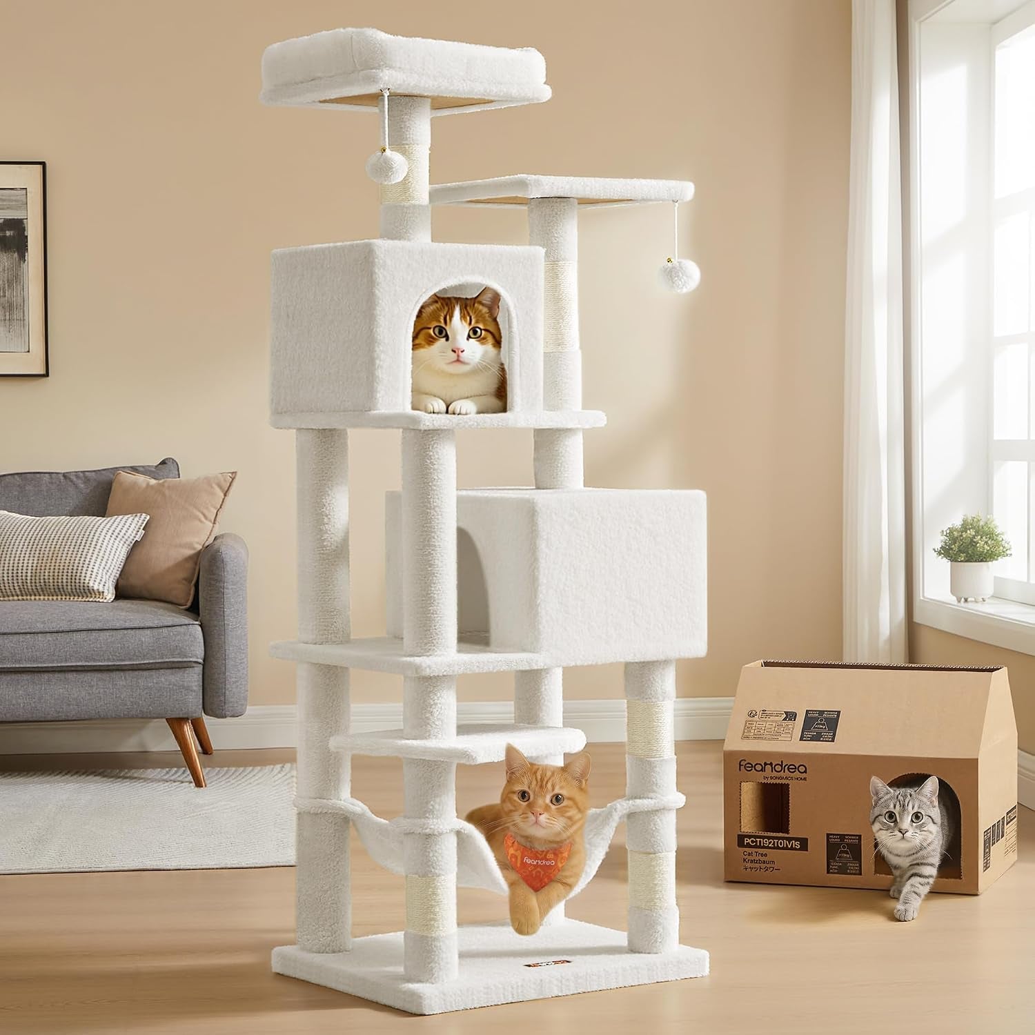 feandrea-cat-tree-59-5-inch-tall-cat-tower-plush-multi-level-condo-with-5-scratching-posts-2-perches-2-caves-hammock-2-pompoms-light-gray-upct192w01