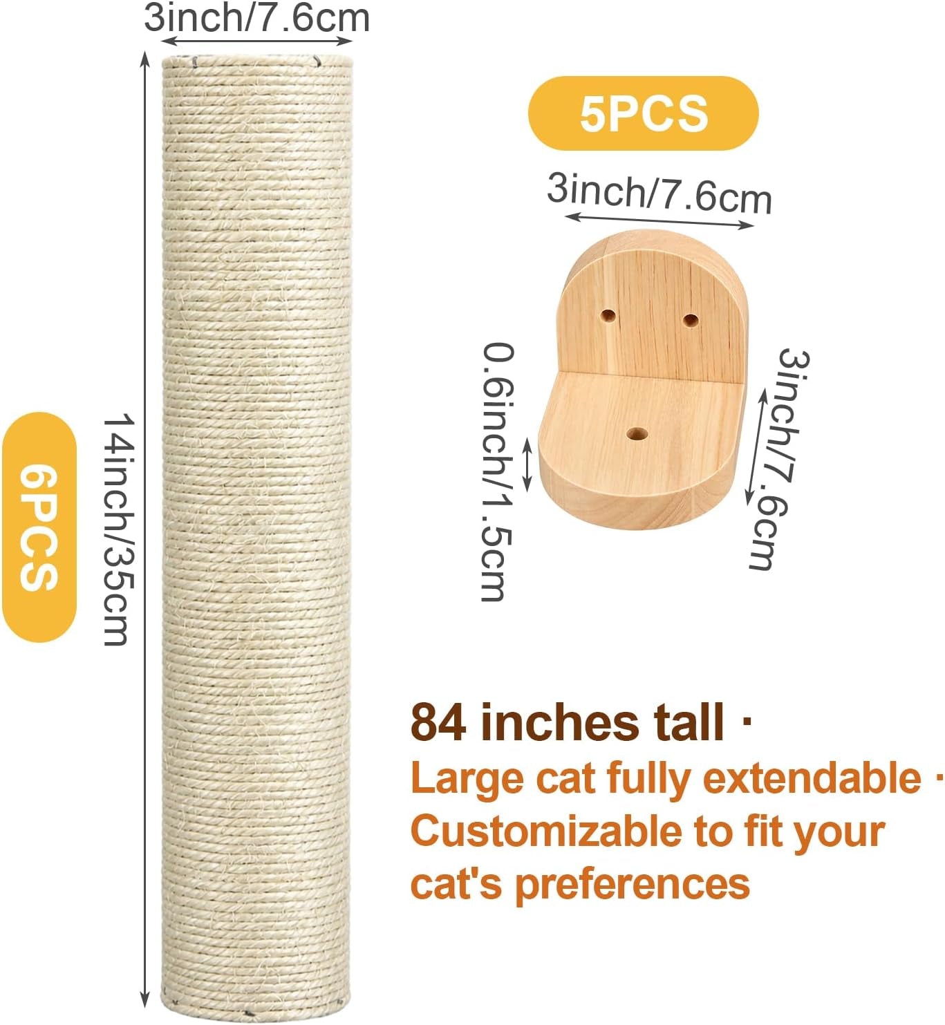 84-tall-wall-mounted-cat-scratcher-post-cat-wall-shelves-furniture-6-pcs-14-inch-sisal-climbing-poles-with-5-brackets-kitten-modular-scratch-tower-space-saving-pet-supplies