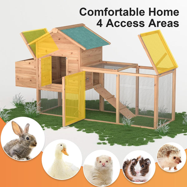 Outdoor Chicken Coop for 2-4 Chickens Wooden Hen House with Nesting Box | 80" Poultry Pet Hutch Backyard Run Cage W/ Waterproof Asphalt Roof, Ramp, Perch and Wire Fence4