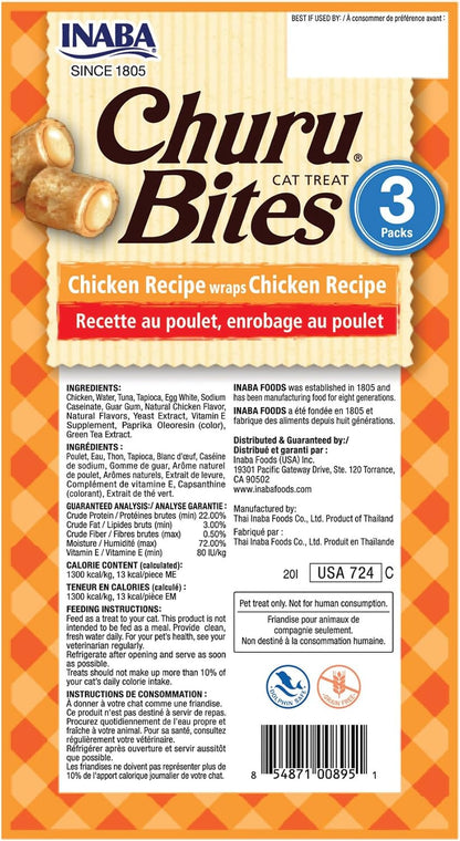 INABA Churu Bites Soft & Chewy Cat Treats, Chicken, 18Ct | Immune Support, 72% Moisture, Low Calorie, Pill-Friendly Center, Grain-Free, Preservative-Free, 18 X 0.35 Oz Tubes8