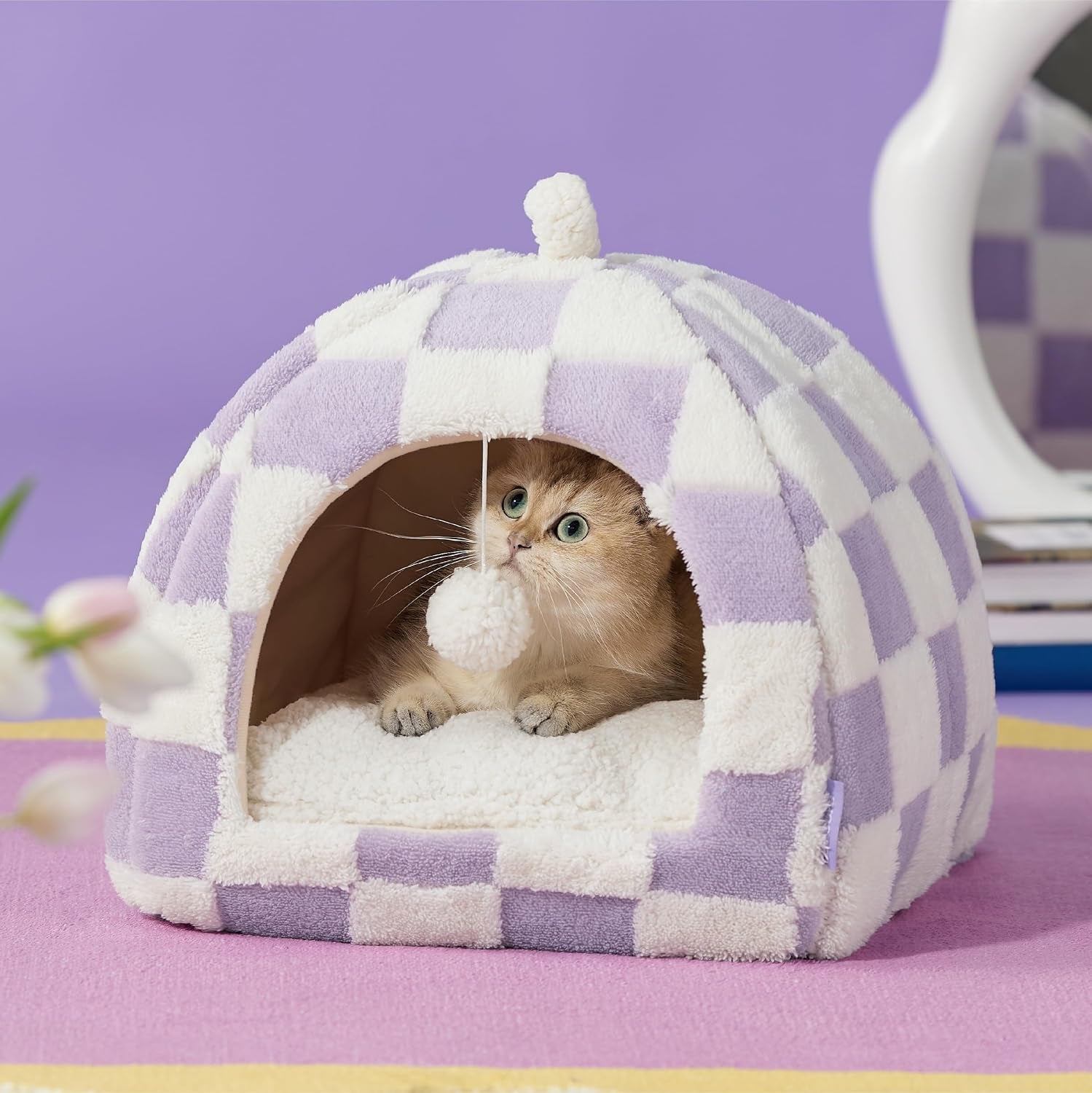 lesure-2in1-cute-cat-house-for-kitten-with-washable-cushioned-pillow-16in-cat-beds-for-indoor-cats-small-pet-cave-tent-cozy-enclosed-foldable-hideaway-fluffy-ball-anti-slip-bottom-hand-strap-purple