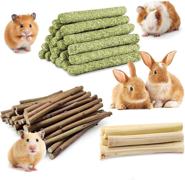 WDEFUN Natural Pet Chew Toys Set - 20 Timothy Hay Sticks 20 Apple Tree Branches 5 Sweet Bamboo, Safe Chewing Toys for Rabbit, Guinea Pig, Hamster, Chinchilla, Gerbil - Teeth Grinding & Boredom Relief1