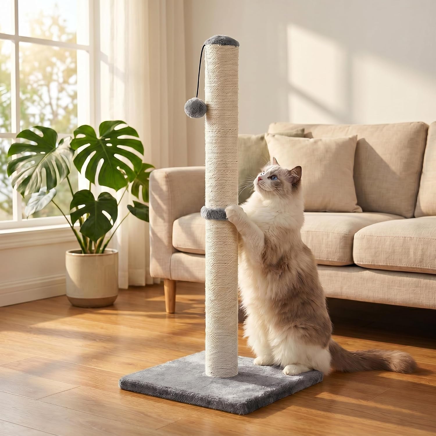 dimaka-29-height-tall-cat-scratching-post-claw-scratcher-with-sisal-rope-and-covered-with-soft-smooth-plush-vertical-scratch-full-strectch-for-standard-size-catsgrey-29-inches-for-all-cats