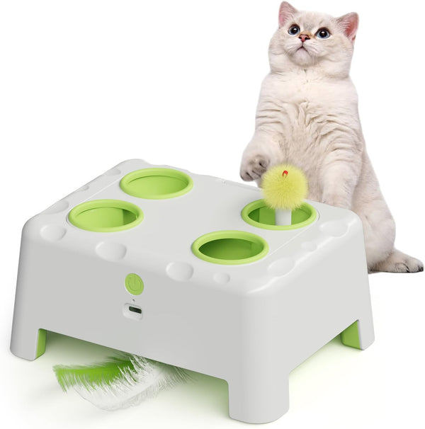 Magic House Interactive Cat Toy with 3 Modes, Rechargeable Whack-A-Mole Feather Toy for Indoor Cats, 4 Holes & 4 Accessories1