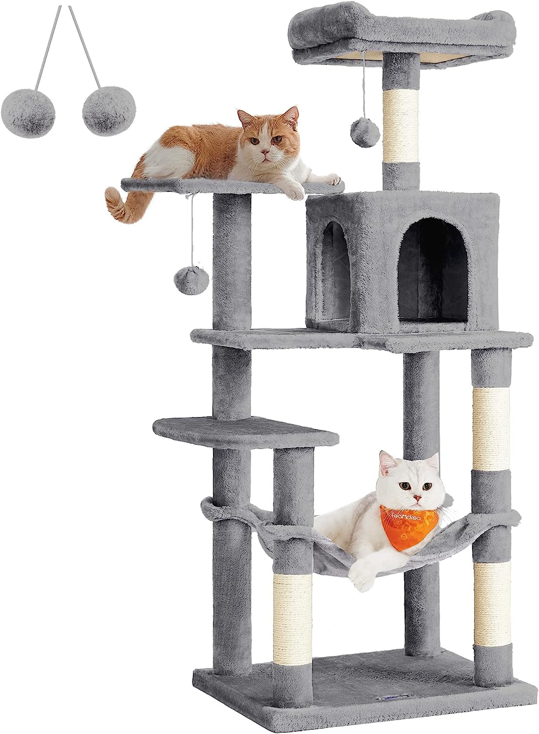 feandrea-cat-tree-59-5-inch-tall-cat-tower-plush-multi-level-condo-with-5-scratching-posts-2-perches-2-caves-hammock-2-pompoms-light-gray-upct192w01