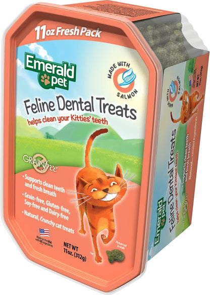 Emerald Pet Grain-Free Cat Dental Treats with Salmon – Crunchy Natural Dental Treats for Cats to Clean Teeth, Freshen Breath, and Reduce Plaque & Tartar – 11 Oz Tub1