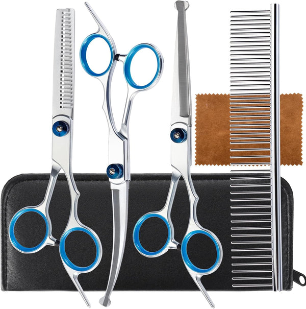 5 in 1 Premium Dog Grooming Scissors, Professional Dog Scissors for Grooming with Safety round Tips, Lengnoyp Stainless Steel Thinning Shears, Pet Cat Shears for Grooming Kit1